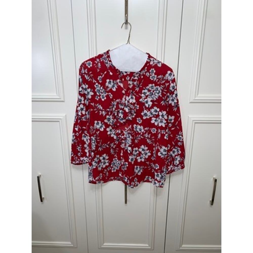 Karl Lagerfeld Paris Women's XXL Red Floral Ruffle Blouse Long Sleeve